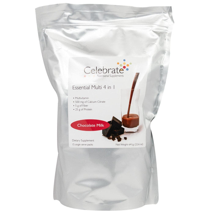 Celebrate Vitamins - Essential Multi 4 in 1 - Chocolate Milk - Multivitamin, Calcium & Protein Shake - 15 Packets/Box